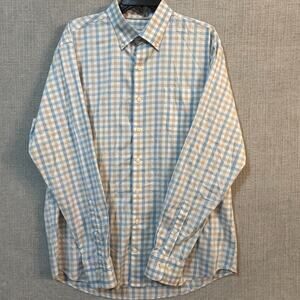 Peter Millar Crown Lite Button Down Shirt Mens Large Plaid Stretch Blue Tan Whit